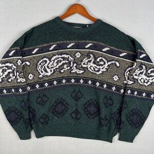 VTG 90s Abstract Knit Sweater Mens XL Baggy Green Purple Oversized Crewneck‎